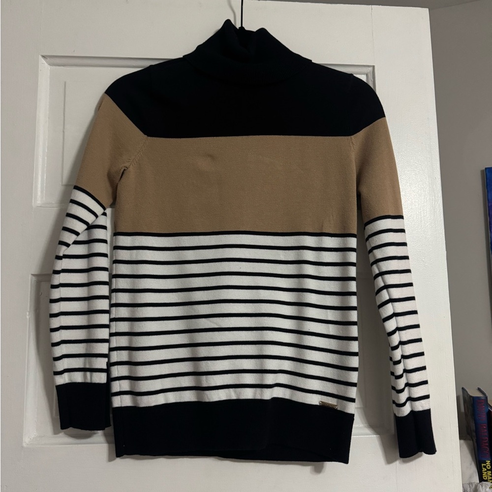 Tommy Hilfiger Striped Turtleneck Sweater - Black, Tan, White